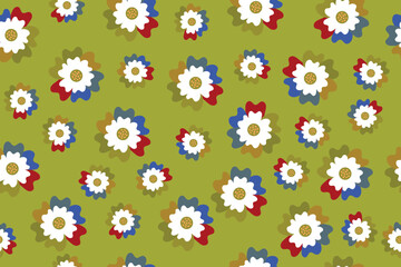 White daisies with multicolored petals bloom on green in a seamless vibrant spring design