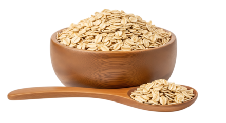 Wooden bowl and spoon filled with rolled oats isolated on transparent background
