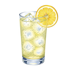 Tall glass of lemonade with ice and lemon slice isolated on transparent background