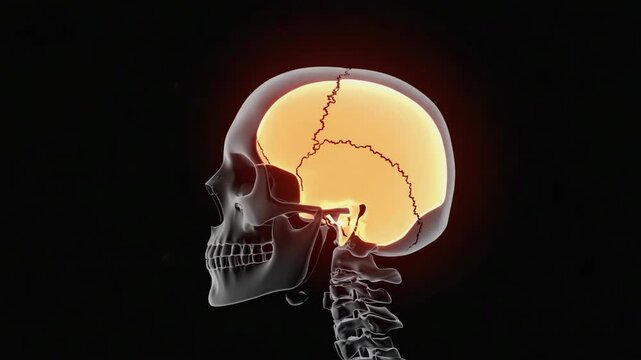Human skull highlighting parietal bone with glowing orange color on black background, providing a detailed view of cranial anatomy for medical and educational purposes