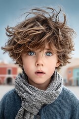 A young boy with messy hair and bright blue eyes wearing a scarf