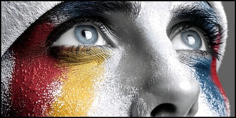 Close up of a person's face with patriotic face paint