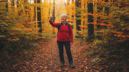 ctive senior woman with a backpack, dressed in a red jacket, stands on a leaf-strewn forest path and takes a selfie with her smartphone. The background features vibrant orange autumn foliage