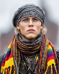 Young Man with Vibrant Scarf and Stylish Headwear in a Dramatic Portrait
