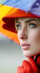 Young Woman with Blue Eyes and Red Hat Wearing a Red Scarf Under a Rainbow Umbrella