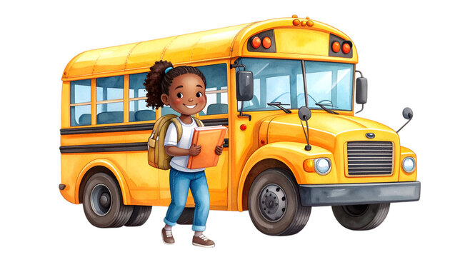 School Bus Adventure: An illustrated depiction of a young student, brimming with eagerness, preparing to embark on a scholastic journey, complemented by the iconic yellow school bus