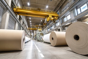 Wide angle view of a paper production line showcasing large rolls and yellow cranes in an industrial setting