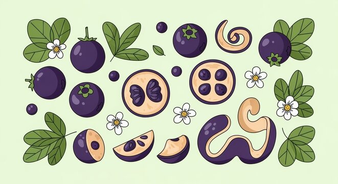 Hand-drawn vector illustration of fresh bacuri fruit arrangement with blossoms and leaves, a
