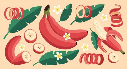 Vibrant arrangement featuring sliced and whole red bananas with decorative leaves and blossoms