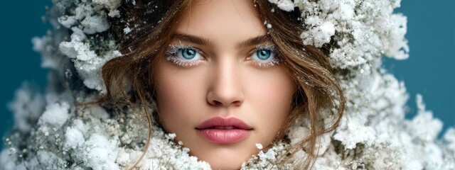 A woman is wearing a snow-covered wig and is posing for a photo. The photo is a close-up of her face, and she has blue eyes. Scene is cold and wintery, with the snow