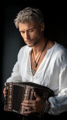 Man with unique hairstyle playing accordion with closed eyes and elegant attire