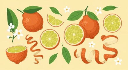 Whimsical citrus illustration with oranges, flowers and green leaves on yellow background