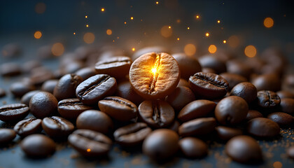 Aromatic Coffee Bean: The perfect symbol of morning invigoration and energy. Focus on an enticing, radiant coffee bean amidst a cluster of its counterparts.