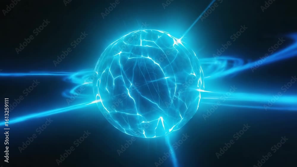 Wall mural glowing blue energy sphere is rotating and emitting light beams in a dark empty space, creating a fu