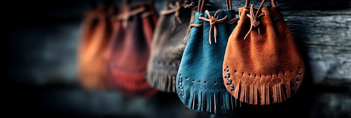 Collection of Textured Handmade Leather Pouches Hanging on a Wooden Surface