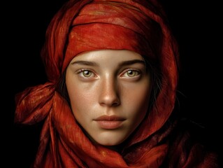 Crimson Veil: A portrait of a woman wrapped in a vibrant red veil, her eyes piercing the darkness, revealing a captivating gaze, and embodying a timeless elegance.