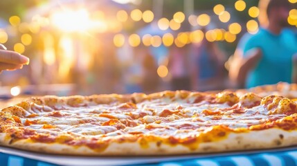 Perfect pizza dinner at sunset with lights and festive atmosphere