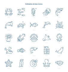 Sea Life stroke icon. Sea Life line icon set. editable stroke icon pack