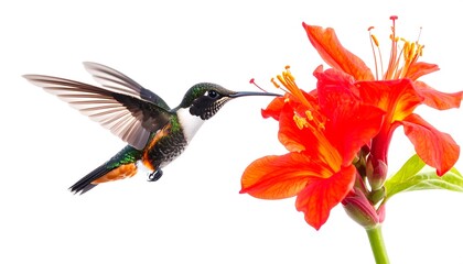 Elegant hummingbird hovering near the radiant azalea blossom for nectar