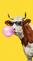 Cool cow with sunglasses chewing bubble gum on yellow background