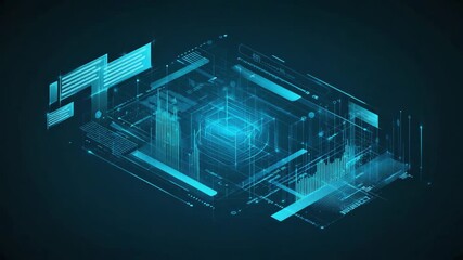 Complex digital interface featuring a central holographic cube, interconnected charts, graphs, and information panels within a futuristic technological environment - Powered by Adobe