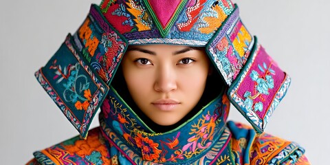 A person wearing an ornate richly colored ceremonial headdress and matching attire
