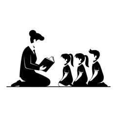 Teacher Reading to Children: Black and White Minimalist Illustration, Story Time, Education Concept