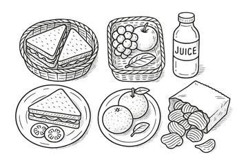 Wholesome Picnic Foods Hand Drawn Illustration: Sandwiches, Fruit, Juice, and Chips, ready for enjoyment.