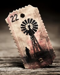 Antique Stamp Depicting a Silhouette of a Windmill and a Lone Figure