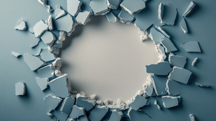 Hole in the wall surrounded by shattered pieces of blue plasterboard
