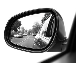 Reflections of urban traffic in car side mirror city daytime isolated on transparent background, png