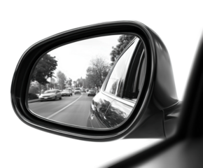 Reflections of urban traffic in car side mirror city daytime isolated on transparent background, png