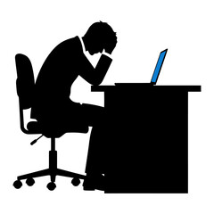 Stressed Businessman Silhouette at Desk with Laptop, Depressed, Worried, Office Problems, Black and White Vector Illustration