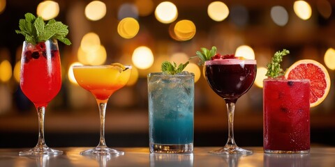 The Stunning Display of Colorful Cocktails with Fresh Ingredients and Sparkling Background