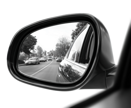 Reflections of urban traffic in car side mirror city daytime isolated on transparent background, png