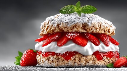 Delicious Fresh Strawberry Shortcake Dessert with Whipped Cream and Powdered Sugar