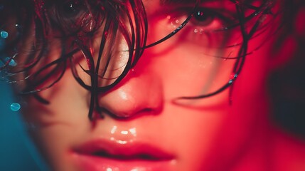 Close up of a person's face with wet hair and red lighting