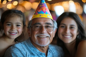 Senior man celebrating his birthday with his multi-generational family at an indoor party, reflecting family love and togetherness in a festive atmosphere, Generative AI