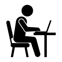 Simple Black Pictogram: Person Working at Desk on Laptop, Professional, Minimalist Style