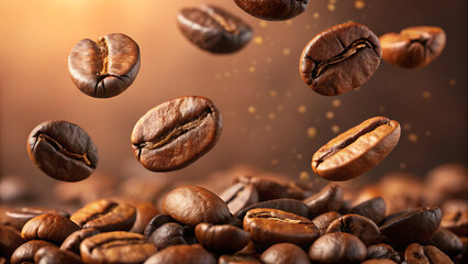 Fototapeta premium Brown coffee grains and free space for your decoration. on table