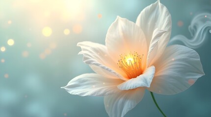 Fototapeta premium Abstract Elemental Flower of Air and Light Floating in Ethereal Mist with Glowing Center and Iridescent Petals