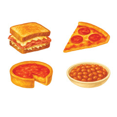 American Food Watercolor Pack #9—Reuben Sandwich, New York Pizza, Chicago Deep-Dish Pizza, Baked Beans. Watercolor Illustration. Design Element. Clip art. Suitable for artwork design.