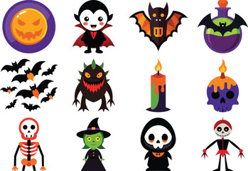 Funny black and color Halloween cats with pumpkins bats and spooky night elements