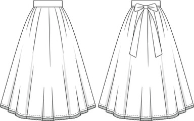 Elegant flared midi skirt flat sketch with waistband, bow tie at back, scalloped hemline detail, front and back technical view