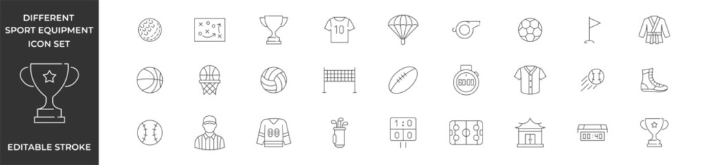 Sports equipment outline icon set. Sport and Fitness web icons in line style. Editable stroke. Vector illustration