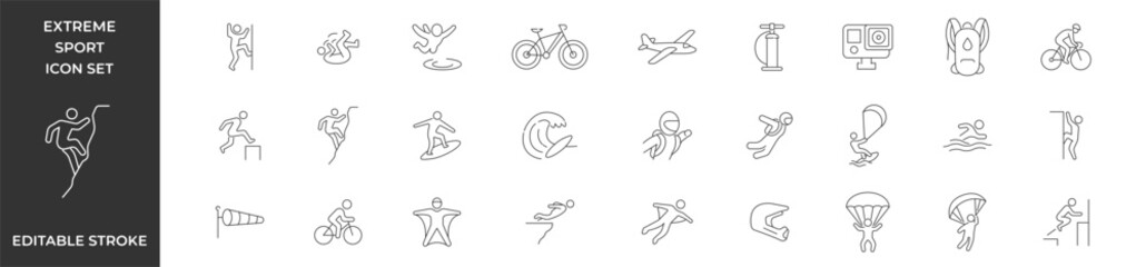 Extreme sport outline icon set. Different extreme sports icons. Editable stroke. Vector illustration