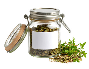 Glass jar filled with dried herbs, blank label, and fresh thyme sprigs.  Clear glass jar with light beige wooden lid and metal closure.  Fresh green thyme sprigs next to the jar