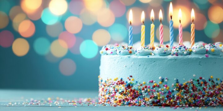 The colorful birthday cake adorned with candles and sprinkles.