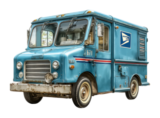 Vintage postal delivery truck urban street vehicle daytime view isolated on transparent background, png
