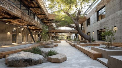 School building with large courtyard and natural elements 